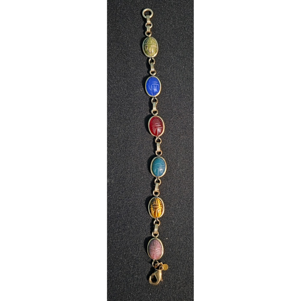 Vintage 12K Gold Filled Multi Stone Scarab Bracelet Egyptian Revival Carved Gem